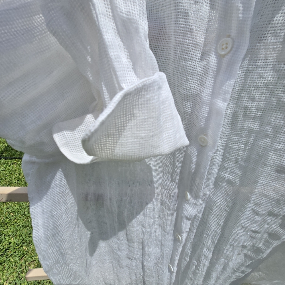 White Sheer Button Down Open Weave Button Sleeve … - image 3